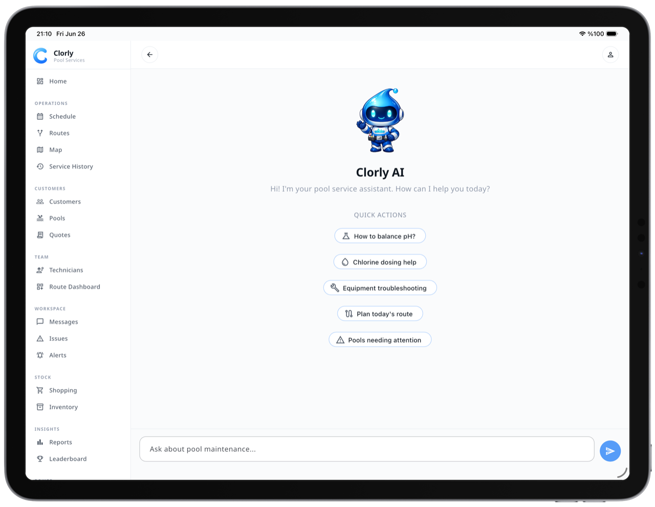 Clorly AI Pool Assistant on iPad