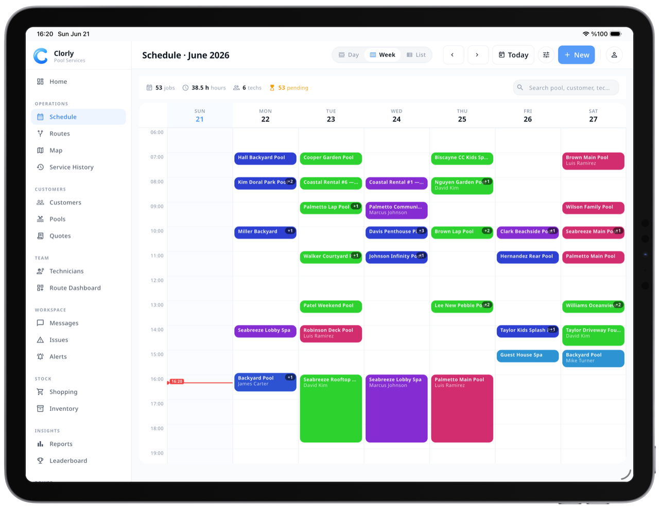Clorly weekly scheduling calendar on iPad