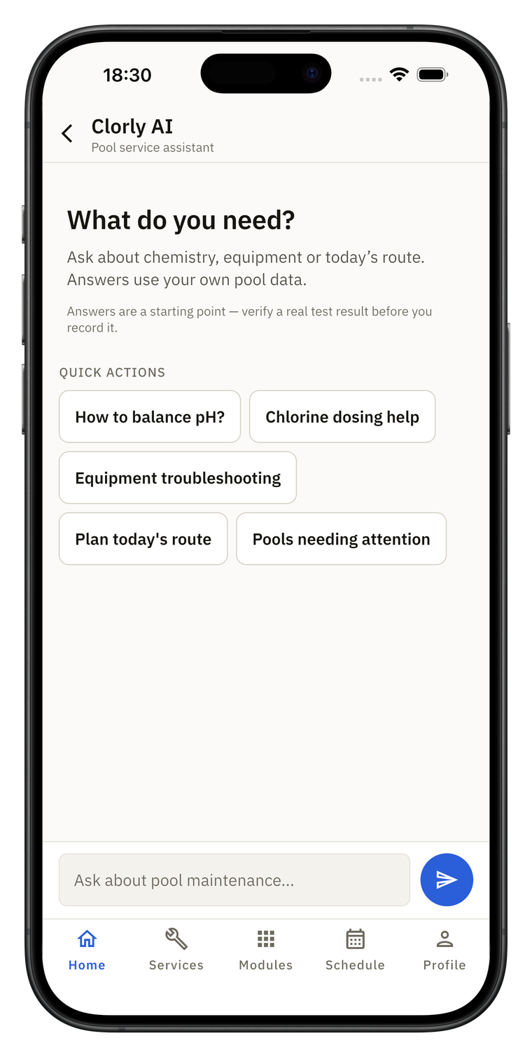 Clorly AI Pool Assistant chat on iPhone
