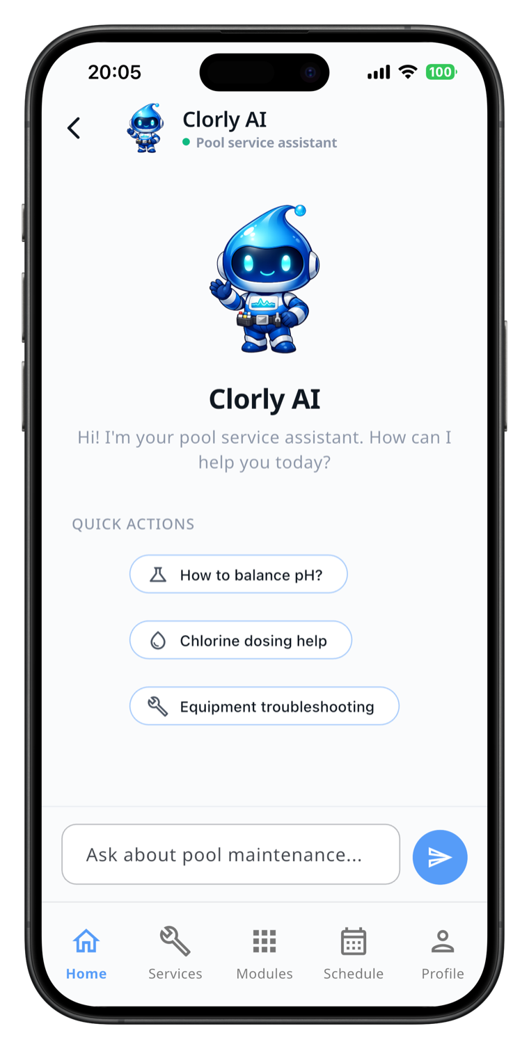 Clorly AI Pool Assistant chat on iPhone